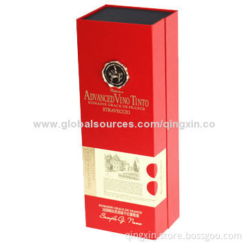 Paper Wine Box with Hanged Lid, Metal Label on the Top for Customized Logo, Yellow Flocking Blister